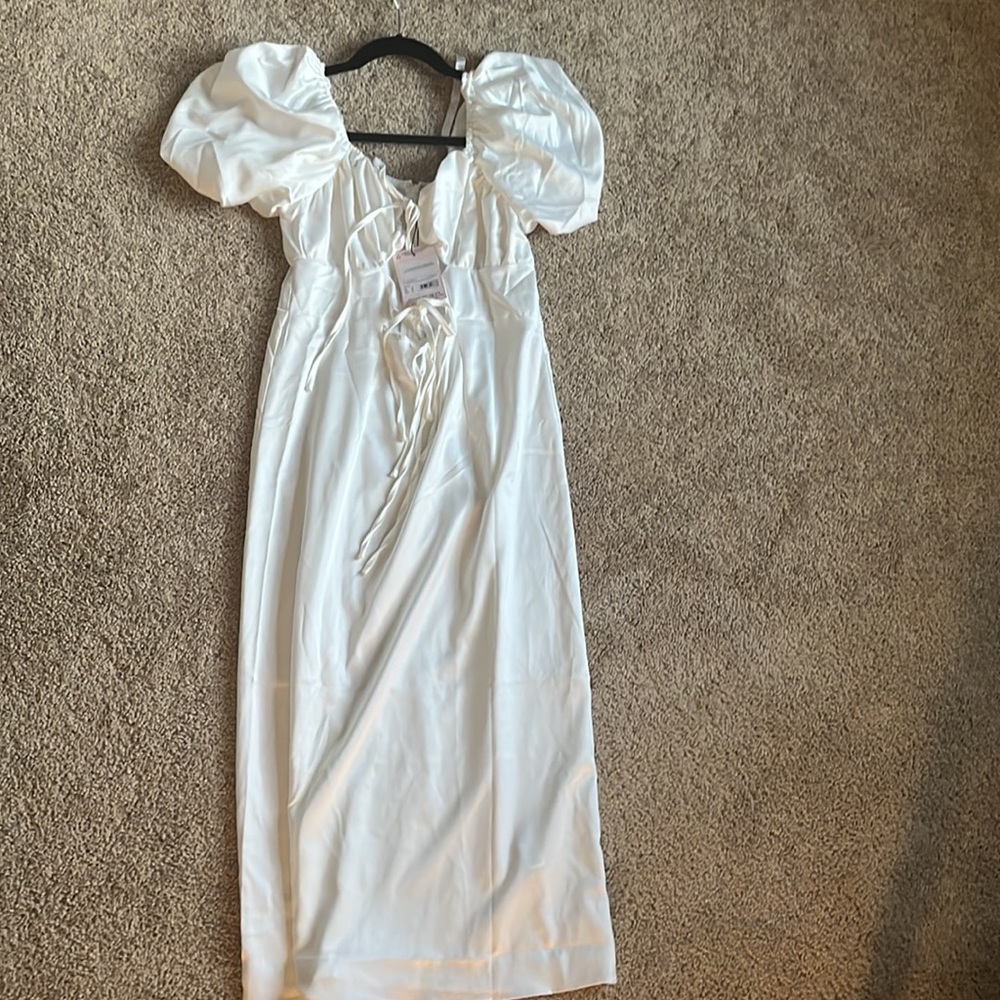 Missguided White Satin Tie Front Puff Sleeve Midi Dress Size 8 MWT - Picture 3 of 5